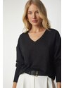 Happiness İstanbul Women's Black V-Neck Knitwear Blouse