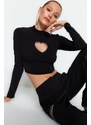 Trendyol Black Fitted Stone Printed Window/Cut Out Detailed Crop Knitted Blouse