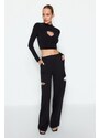 Trendyol Black Fitted Stone Printed Window/Cut Out Detailed Crop Knitted Blouse