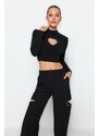 Trendyol Black Fitted Stone Printed Window/Cut Out Detailed Crop Knitted Blouse