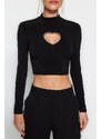 Trendyol Black Fitted Stone Printed Window/Cut Out Detailed Crop Knitted Blouse