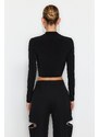 Trendyol Black Fitted Stone Printed Window/Cut Out Detailed Crop Knitted Blouse