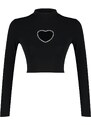 Trendyol Black Fitted Stone Printed Window/Cut Out Detailed Crop Knitted Blouse