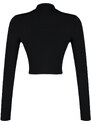 Trendyol Black Fitted Stone Printed Window/Cut Out Detailed Crop Knitted Blouse
