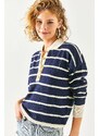 Olalook Women's Navy Blue Gold Buttoned Striped Polo Neck Knitwear Blouse