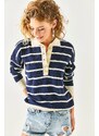 Olalook Women's Navy Blue Gold Buttoned Striped Polo Neck Knitwear Blouse