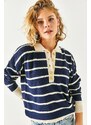 Olalook Women's Navy Blue Gold Buttoned Striped Polo Neck Knitwear Blouse