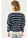 Olalook Women's Navy Blue Gold Buttoned Striped Polo Neck Knitwear Blouse