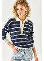 Olalook Women's Navy Blue Gold Buttoned Striped Polo Neck Knitwear Blouse