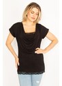 Şans Women's Plus Size Black Collar And Lace Detailed Low-Collar Blouse With A Neck And Hem