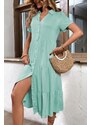 Madmext Mint Green Shirt Collar Long Dress