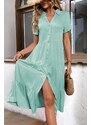 Madmext Mint Green Shirt Collar Long Dress