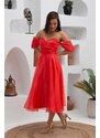 Carmen Coral Low Sleeve Organza Engagement Evening Dress