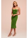 Carmen Pistachio Green Stone Lace Midi Crepe Evening Dress