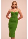 Carmen Pistachio Green Stone Lace Midi Crepe Evening Dress