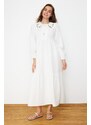 Trendyol Ecru Collar Embroidered Half Pat Linen Look Woven Dress