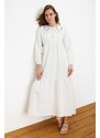 Trendyol Ecru Collar Embroidered Half Pat Linen Look Woven Dress