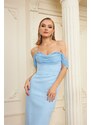 Carmen Blue Crepe Pearl Embroidered Midi Engagement Dress