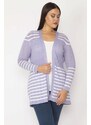 Şans Women's Plus Size Lilac Openwork Knitted Striped Sweater Cardigan