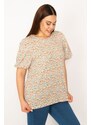 Şans Women's Plus Size Colorful Balloon Sleeve Floral Print Blouse