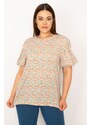 Şans Women's Plus Size Colorful Balloon Sleeve Floral Print Blouse