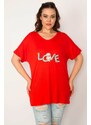 Şans Women's Plus Size Red Appliqued Viscose V-Neck Blouse With Pearls
