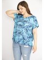 Şans Women's Turquoise Plus Size Stone Detailed Low Sleeve Blouse