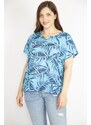 Şans Women's Turquoise Plus Size Stone Detailed Low Sleeve Blouse