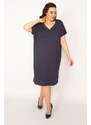 Şans Women's Plus Size Navy Blue V-Neck Low-Sleeve Dress