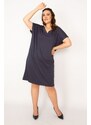 Şans Women's Plus Size Navy Blue V-Neck Low-Sleeve Dress