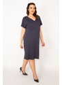 Şans Women's Plus Size Navy Blue V-Neck Low-Sleeve Dress