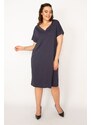 Şans Women's Plus Size Navy Blue V-Neck Low-Sleeve Dress