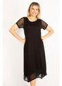 Şans Women's Plus Size Black Dress With Sleeves And Hem. Tulle Detailed With Slits In The Side