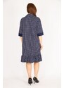 Şans Women's Navy Blue Plus Size Front Buttoned Hem Tiered Point Patterned Dress