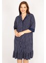 Şans Women's Navy Blue Plus Size Front Buttoned Hem Tiered Point Patterned Dress