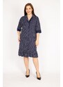 Şans Women's Navy Blue Plus Size Front Buttoned Hem Tiered Point Patterned Dress