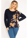 Şans Women's Plus Size Navy Blue Flower Patterned Crewneck Tunic