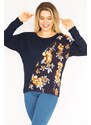 Şans Women's Plus Size Navy Blue Flower Patterned Crewneck Tunic