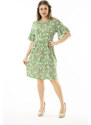 Şans Women's Plus Size Green Floral Pattern Dress with Ruffled Sleeves and Pleats at the Waist