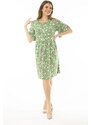 Şans Women's Plus Size Green Floral Pattern Dress with Ruffled Sleeves and Pleats at the Waist