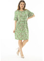 Şans Women's Plus Size Green Floral Pattern Dress with Ruffled Sleeves and Pleats at the Waist