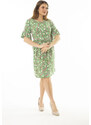 Şans Women's Plus Size Green Floral Pattern Dress with Ruffled Sleeves and Pleats at the Waist