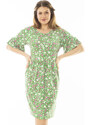 Şans Women's Plus Size Green Floral Pattern Dress with Ruffled Sleeves and Pleats at the Waist