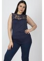 Şans Women's Plus Size Navy Blue Blouse with Decollete and Lace Detail
