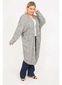 Şans Women's Gray Plus Size Relaxed Fit Self Striped Long Cardigan