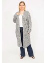 Şans Women's Gray Plus Size Relaxed Fit Self Striped Long Cardigan