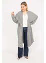 Şans Women's Gray Plus Size Relaxed Fit Self Striped Long Cardigan