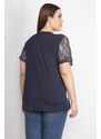 Şans Women's Plus Size Navy Blue Patterned Blouse with Lace Detail on the Sleeves