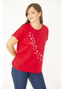 Şans Women's Plus Size Red Cotton Fabric Front Patterned Blouse