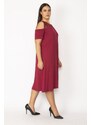 Şans Women's Plus Size Claret Red Burgundy Dress With Low-Collection And Pockets Mesh Detail Viscose